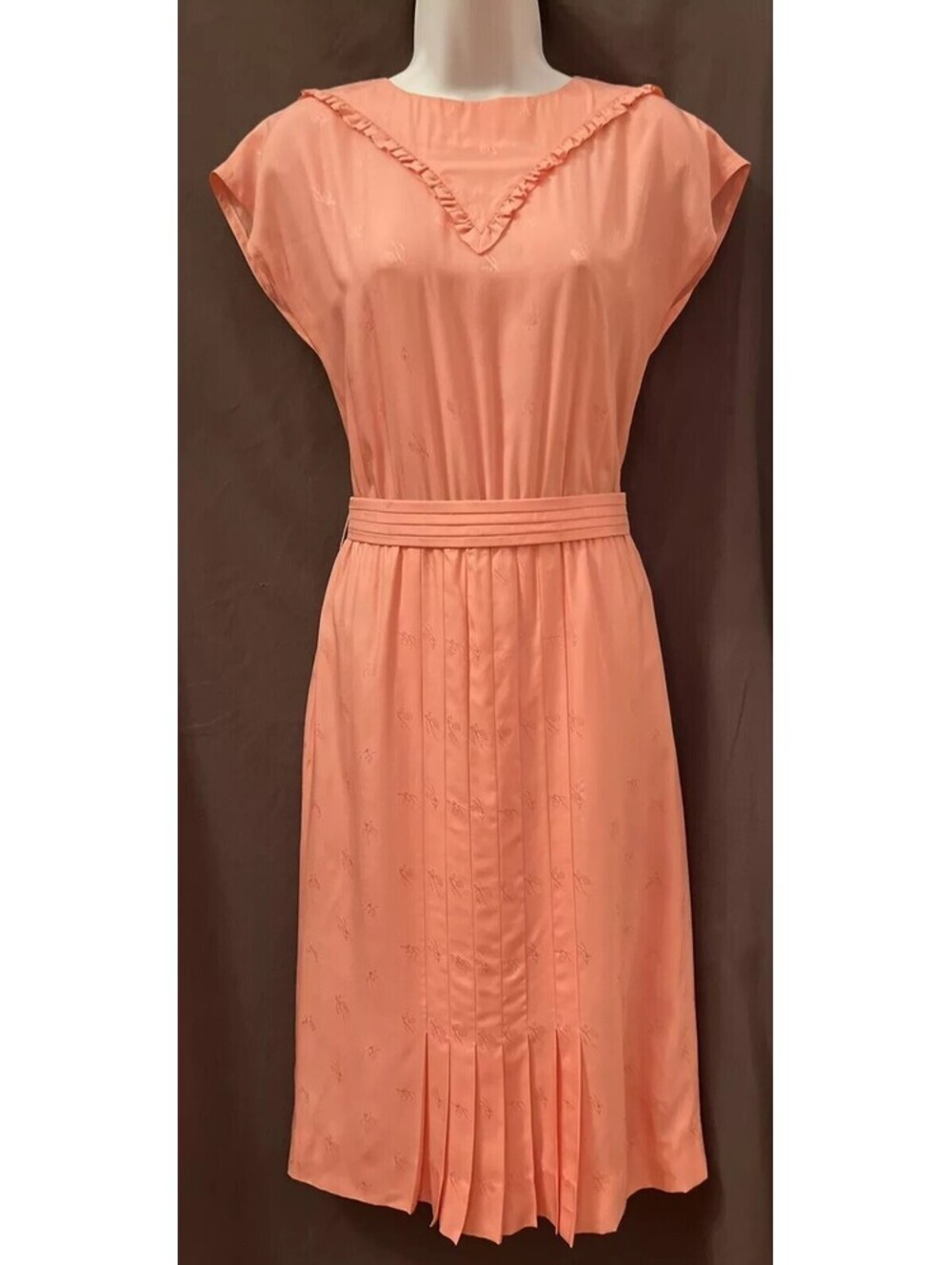 VTG Dress 60s Candy Pink Silk Butterfly Print Pleated Ruffle Wiggle Dress S/M